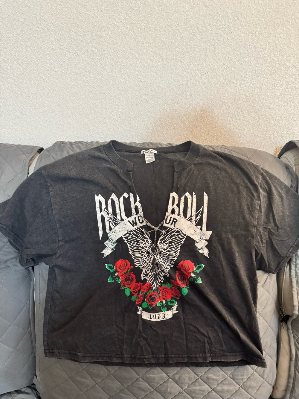 Rue21 Black Graphic Tee with Red Rose Accents